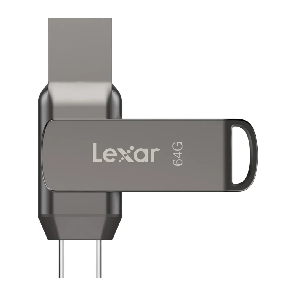 Clé USB Lexar JumpDrive D400 64Go USB-C + USB-A USB 3.1 130Mo/s Argent, détail: connecteurs USB-C et USB-A déployés, corps