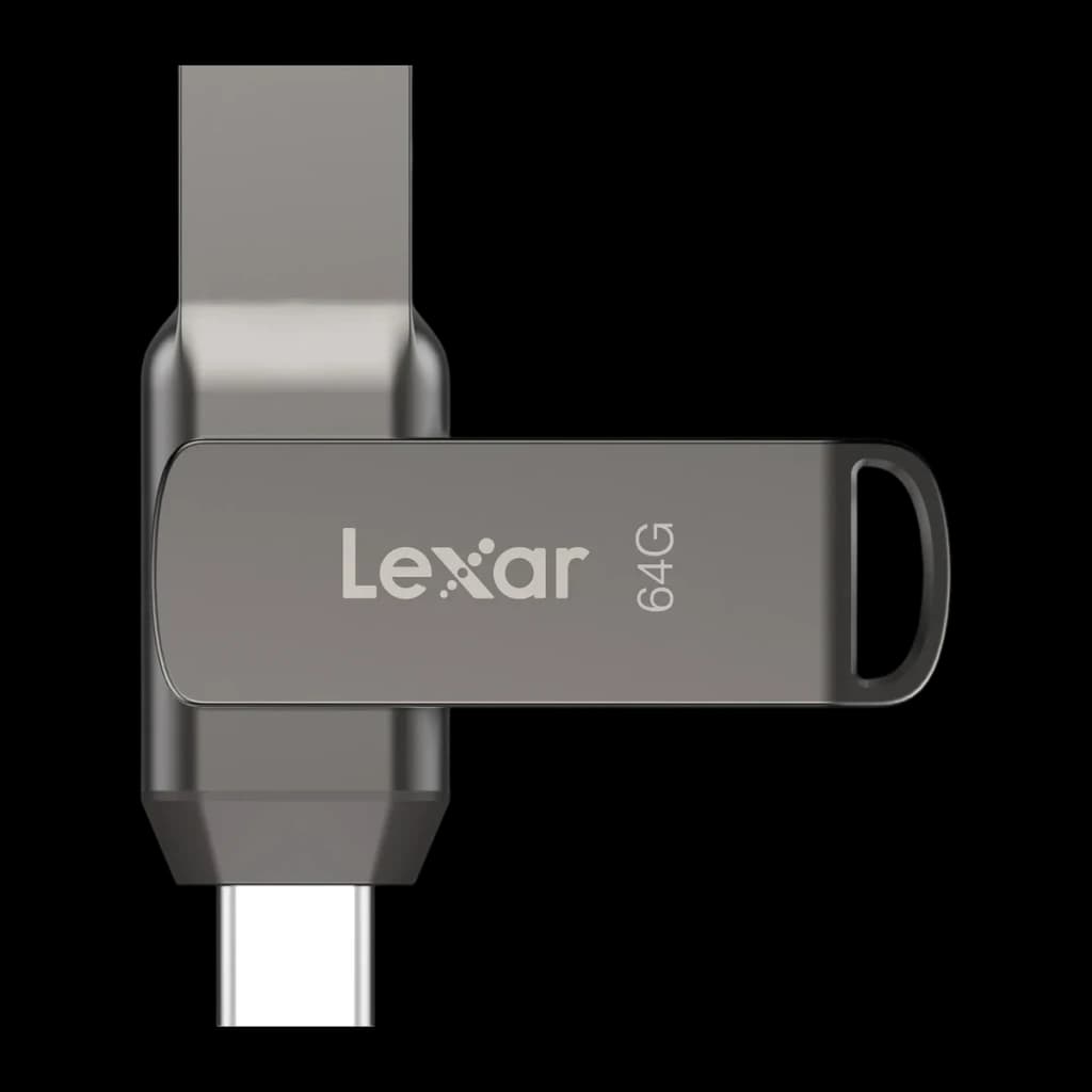 Clé USB Lexar JumpDrive D400 64Go USB-C + USB-A USB 3.1 130Mo/s Argent, détail: connecteurs USB-C et USB-A déployés, corps