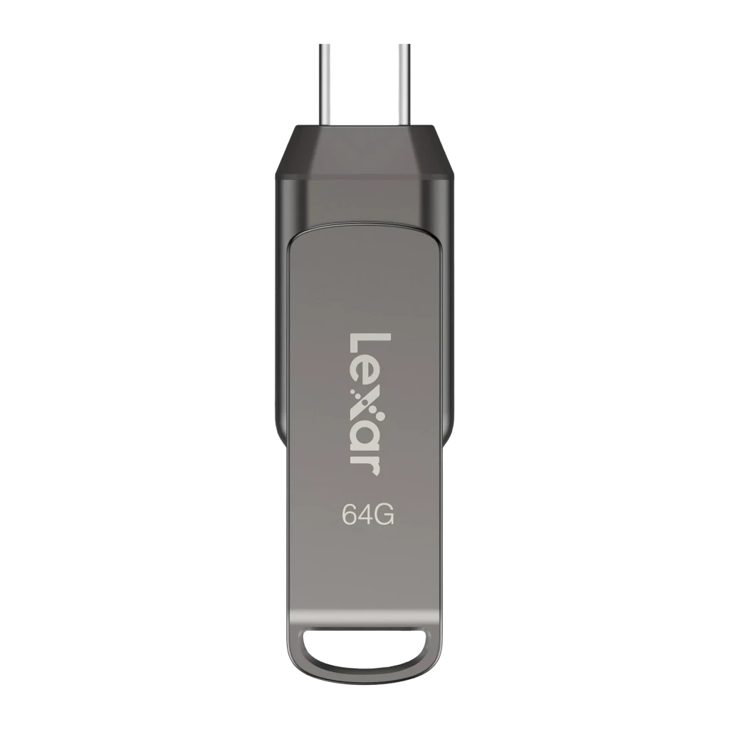 Clé USB Lexar JumpDrive D400 64Go USB-C + USB-A USB 3.1 130Mo/s Argent, détail: connecteur USB-C déployé et logo Lexar gravé