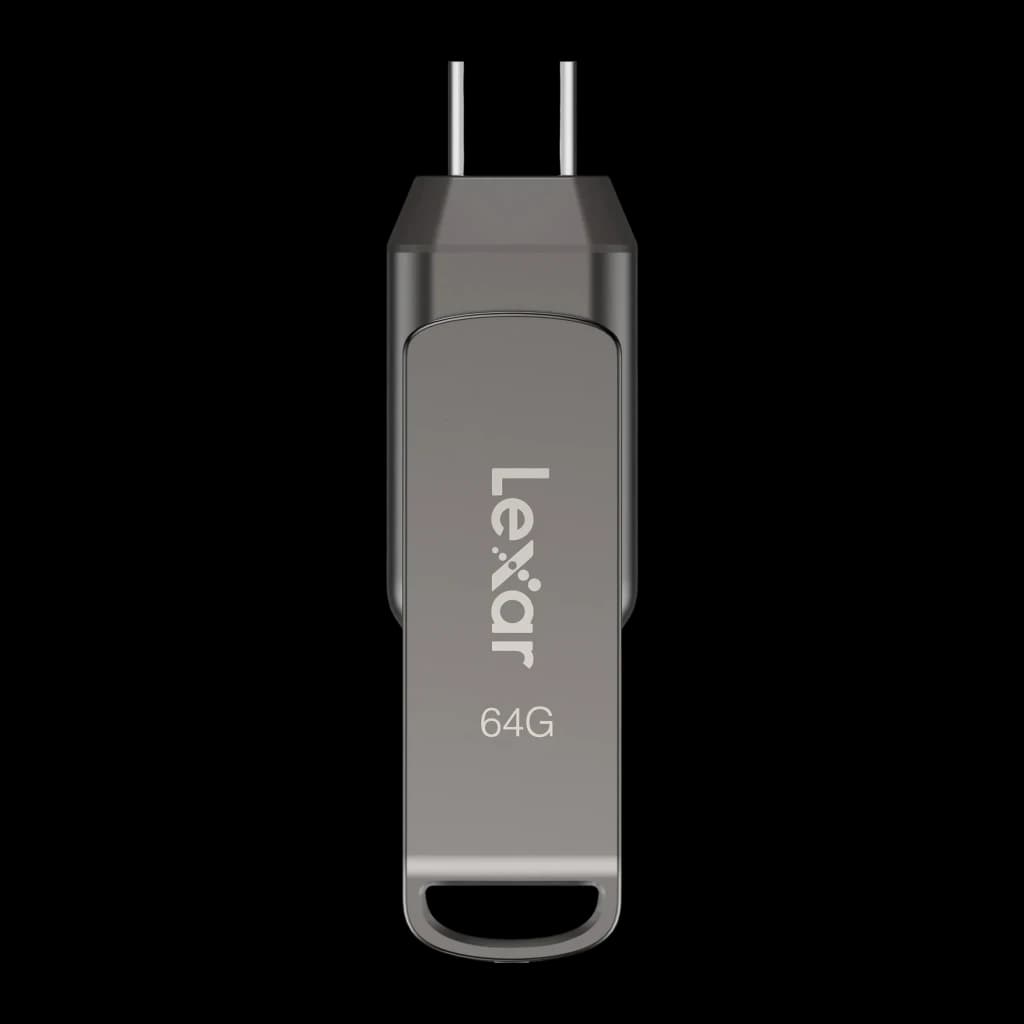 Clé USB Lexar JumpDrive D400 64Go USB-C + USB-A USB 3.1 130Mo/s Argent, détail: connecteur USB-C déployé et logo Lexar gravé