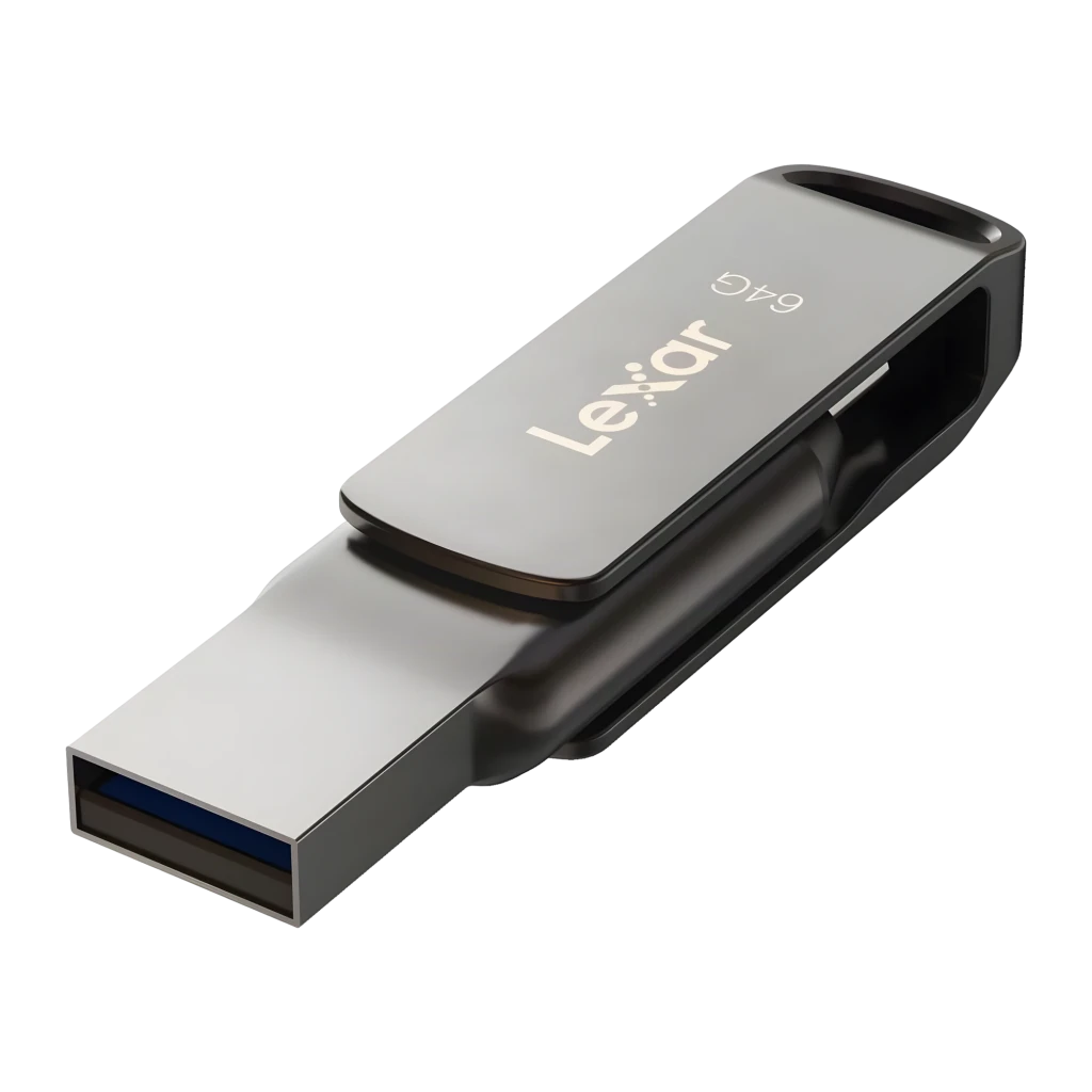 Clé USB Lexar JumpDrive D400 64Go USB-C + USB-A USB 3.1 130Mo/s Argent, détail: connecteur USB-A déployé avec port bleu