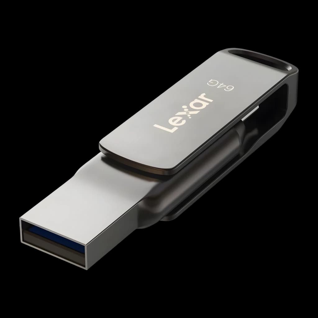Clé USB Lexar JumpDrive D400 64Go USB-C + USB-A USB 3.1 130Mo/s Argent, détail: connecteur USB-A déployé avec port bleu