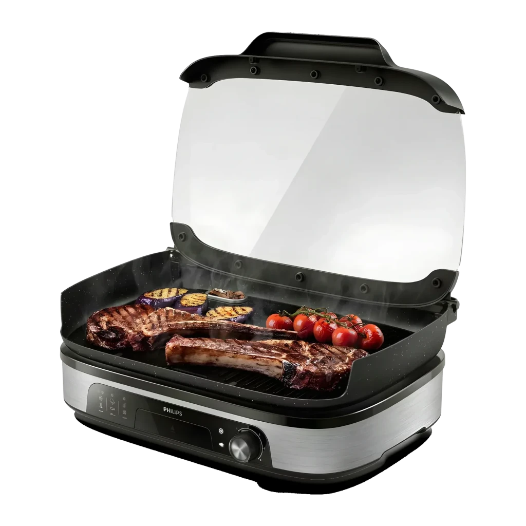 Parrilla eléctrica Philips Serie 5000 2400W 1250cm² 2 Zonas Negro HD6212/90, detalle: tapa de vidrio abierta con costillas