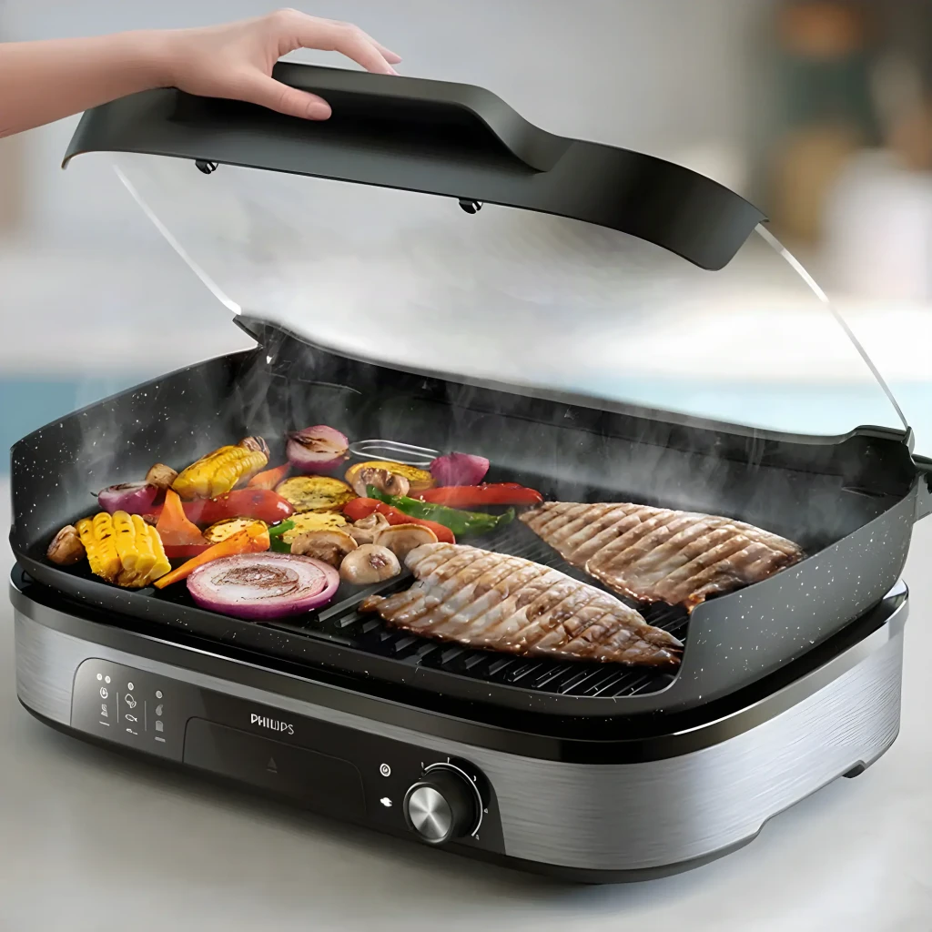 Parrilla eléctrica Philips Serie 5000 2400W 1250cm² 2 Zonas Negro HD6212/90, en uso: tapa abierta con pescado y verduras