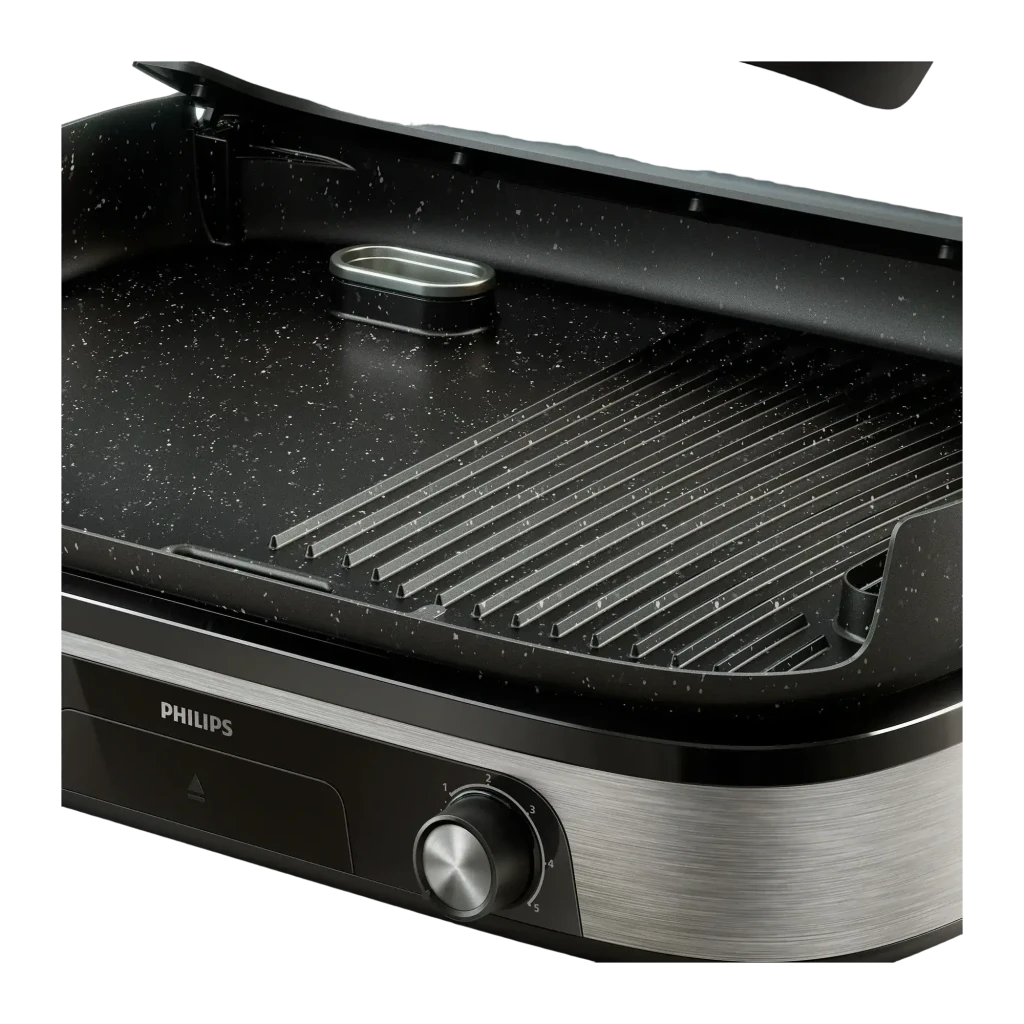Parrilla eléctrica Philips Serie 5000 2400W 1250cm² 2 Zonas Negro HD6212/90, detalle: superficie mármol negro, zona grill