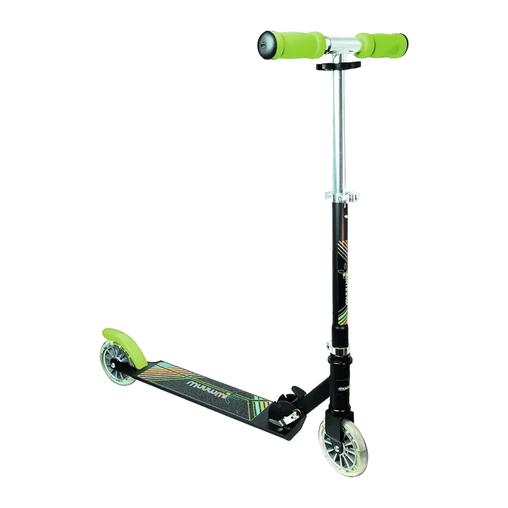 Patinete Muuwmi Aluminium Neon 125 mm Ruedas luminosas LED Hasta 100kg, vista frontal: manillar y puños verdes, deck negro