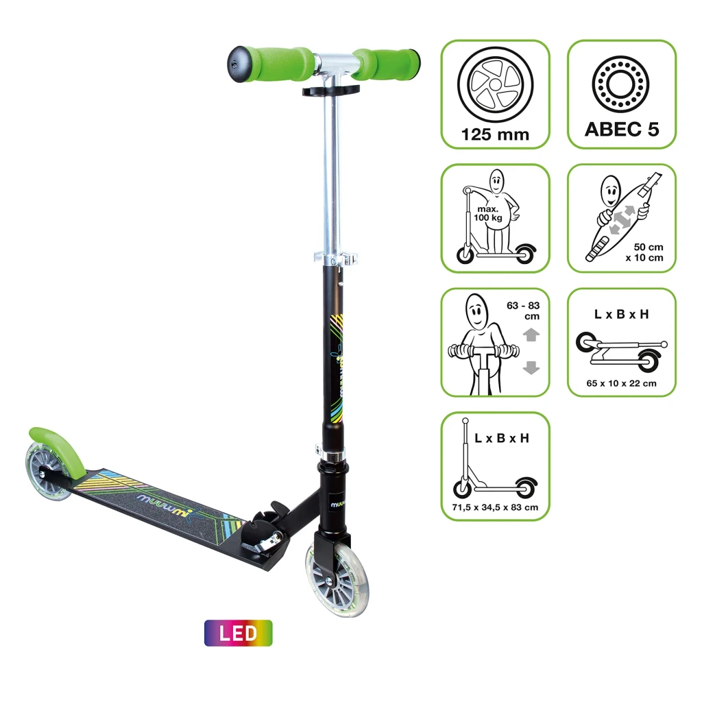 Patinete Muuwmi Aluminium Neon 125 mm Ruedas luminosas LED Hasta 100kg, lateral: deck negro con gráficos neon, ruedas LED