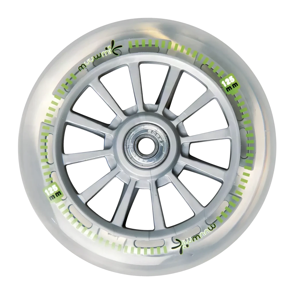 Patinete Muuwmi Aluminium Neon 125 mm Ruedas luminosas LED Hasta 100kg, detalle: rueda transparente con radios grises, LEDs