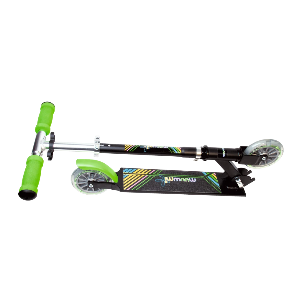 Patinete Muuwmi Aluminium Neon 125 mm Ruedas luminosas LED Hasta 100kg, detalle: plegado en diagonal, manillar verde
