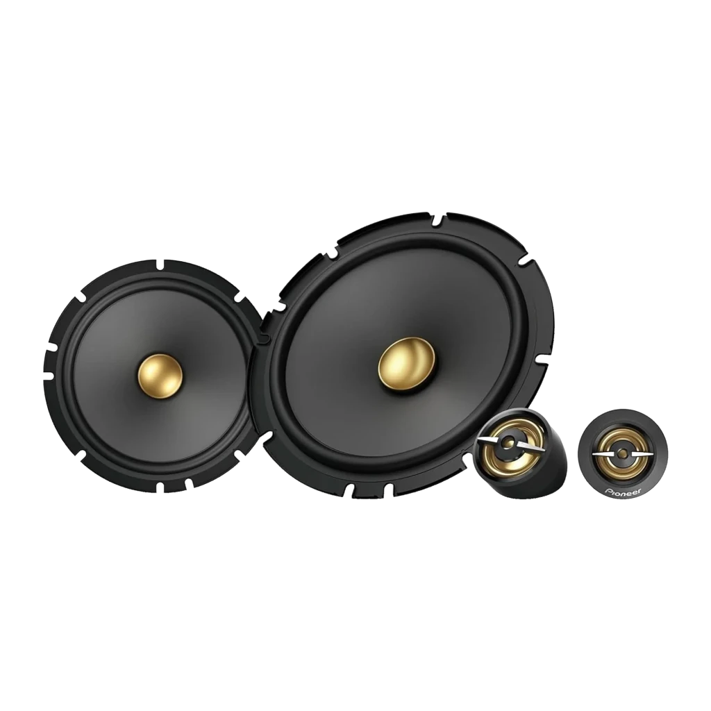 Altavoces para coche Pioneer 2 vías 80W RMS Negro TS-A1601C, vista frontal: dos woofers negros con cúpula dorada y tweeter