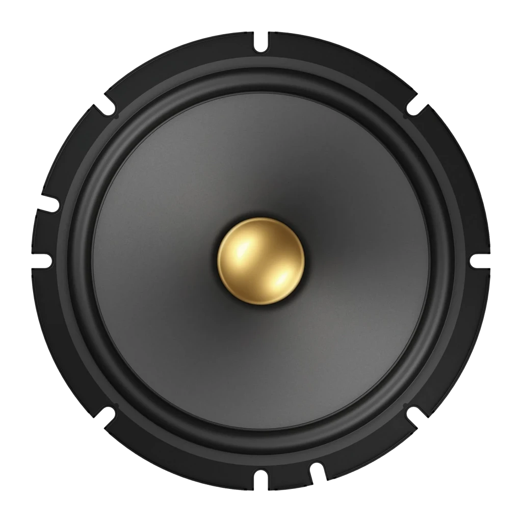Altavoces para coche Pioneer 2 vías 80W RMS Negro TS-A1601C, detalle frontal: cono gris con domo central dorado y aro negro