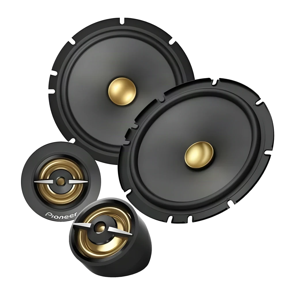 Altavoces para coche Pioneer 2 vías 80W RMS Negro TS-A1601C, vista frontal: woofers negros con cúpula dorada y dos tweeters