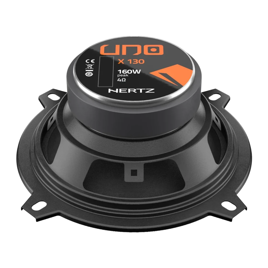 Altavoces para coche Hertz X 130 2 vías 160W Negro, vista trasera: motor metálico con logo UNO, etiqueta 160W 4Ω y cesta