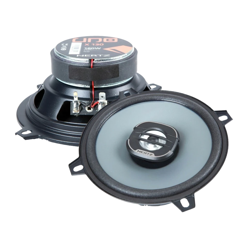 Altavoces para coche Hertz X 130 2 vías 160W Negro, detalle: cono gris y parte trasera con terminales visibles