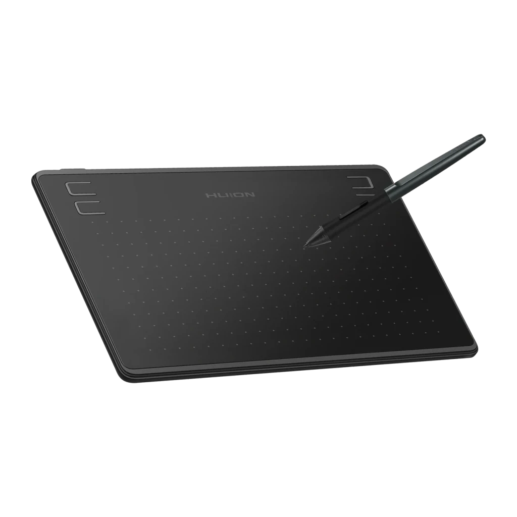 Tableta gráfica Huion HS64 Negro 6,3 pulgadas 5080 LPI 8192 niveles de presión, detalle: vista en perspectiva con lápiz