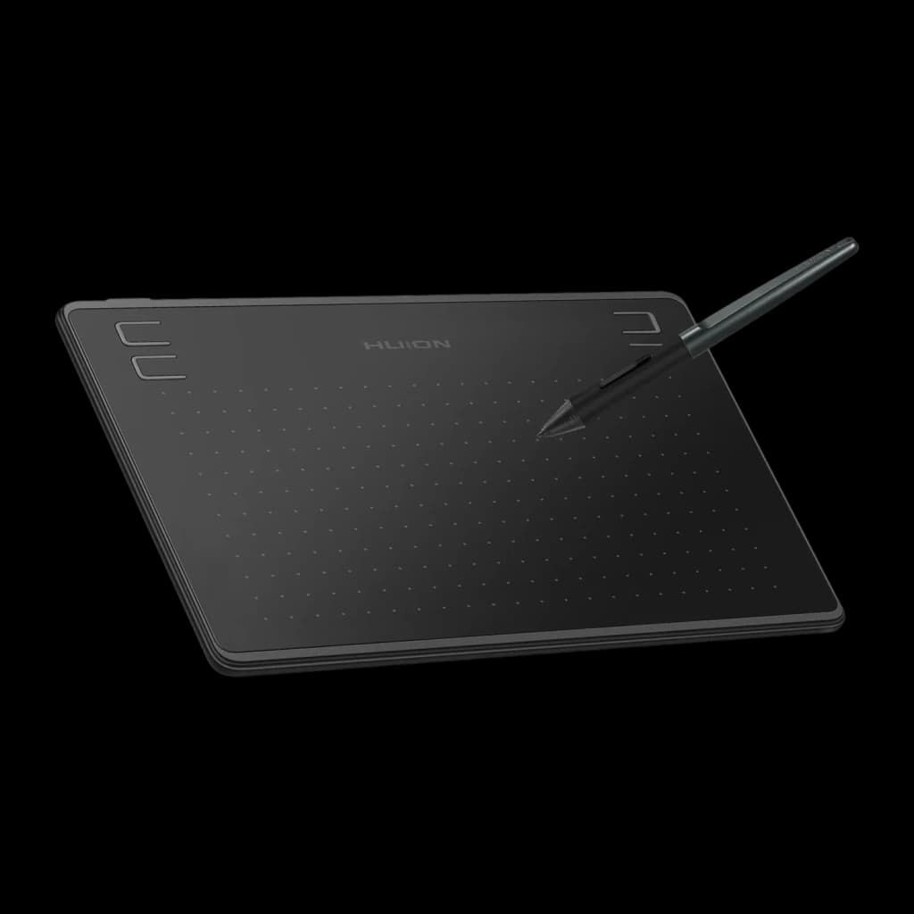 Tableta gráfica Huion HS64 Negro 6,3 pulgadas 5080 LPI 8192 niveles de presión, detalle: vista en perspectiva con lápiz