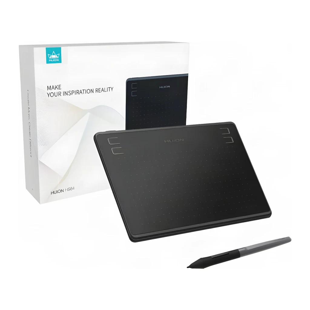 Tableta gráfica Huion HS64 Negro 6,3 pulgadas 5080 LPI 8192 niveles de presión, contenido de la caja: tableta, lápiz y caja