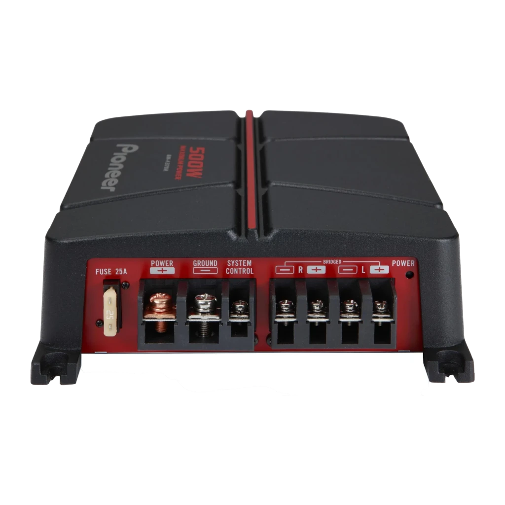 Amplificateur auto Pioneer 2 canaux 60W x 2 RMS GM-A3702, vue arrière: panneau rouge avec bornes alimentation, masse