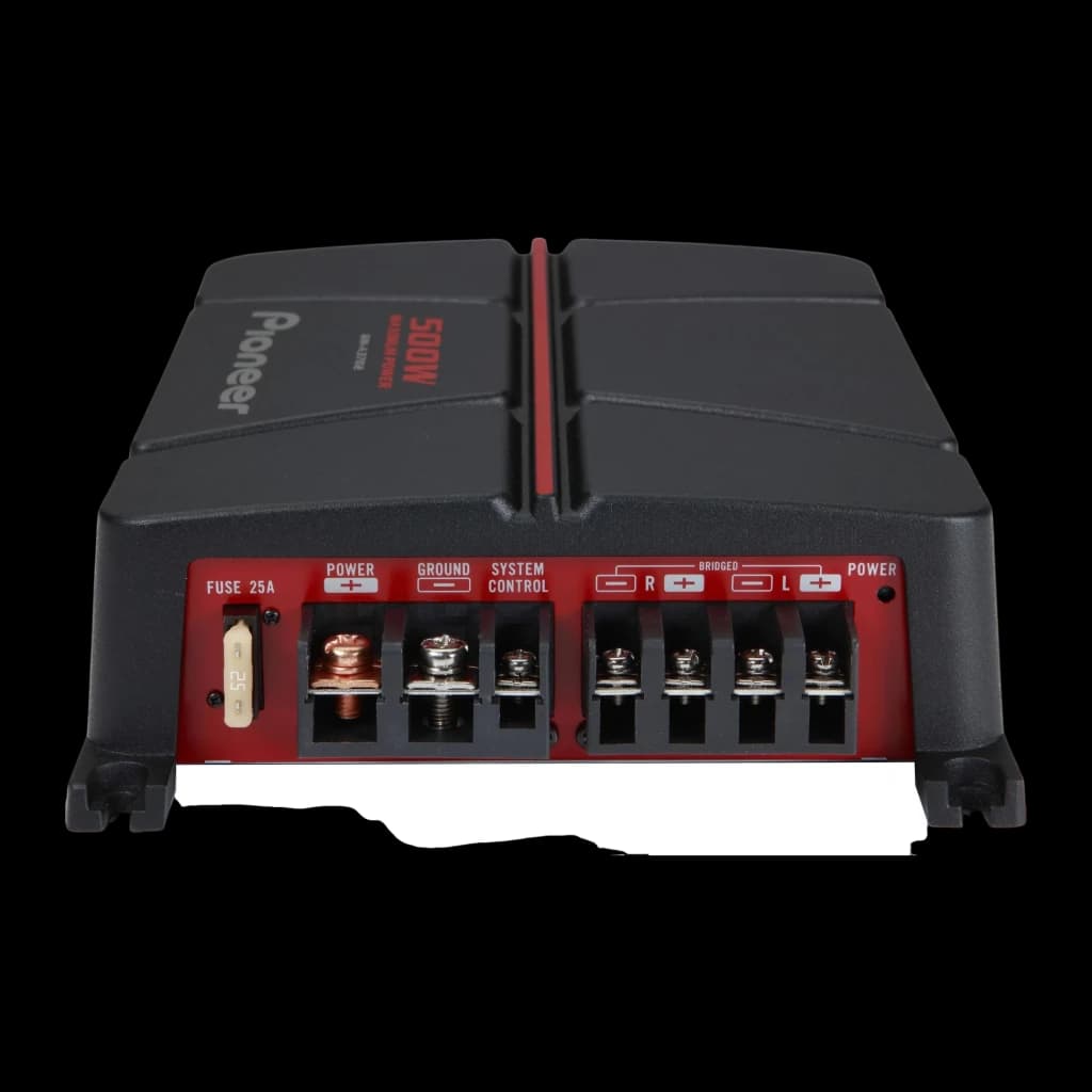 Amplificateur auto Pioneer 2 canaux 60W x 2 RMS GM-A3702, vue arrière: panneau rouge avec bornes alimentation, masse