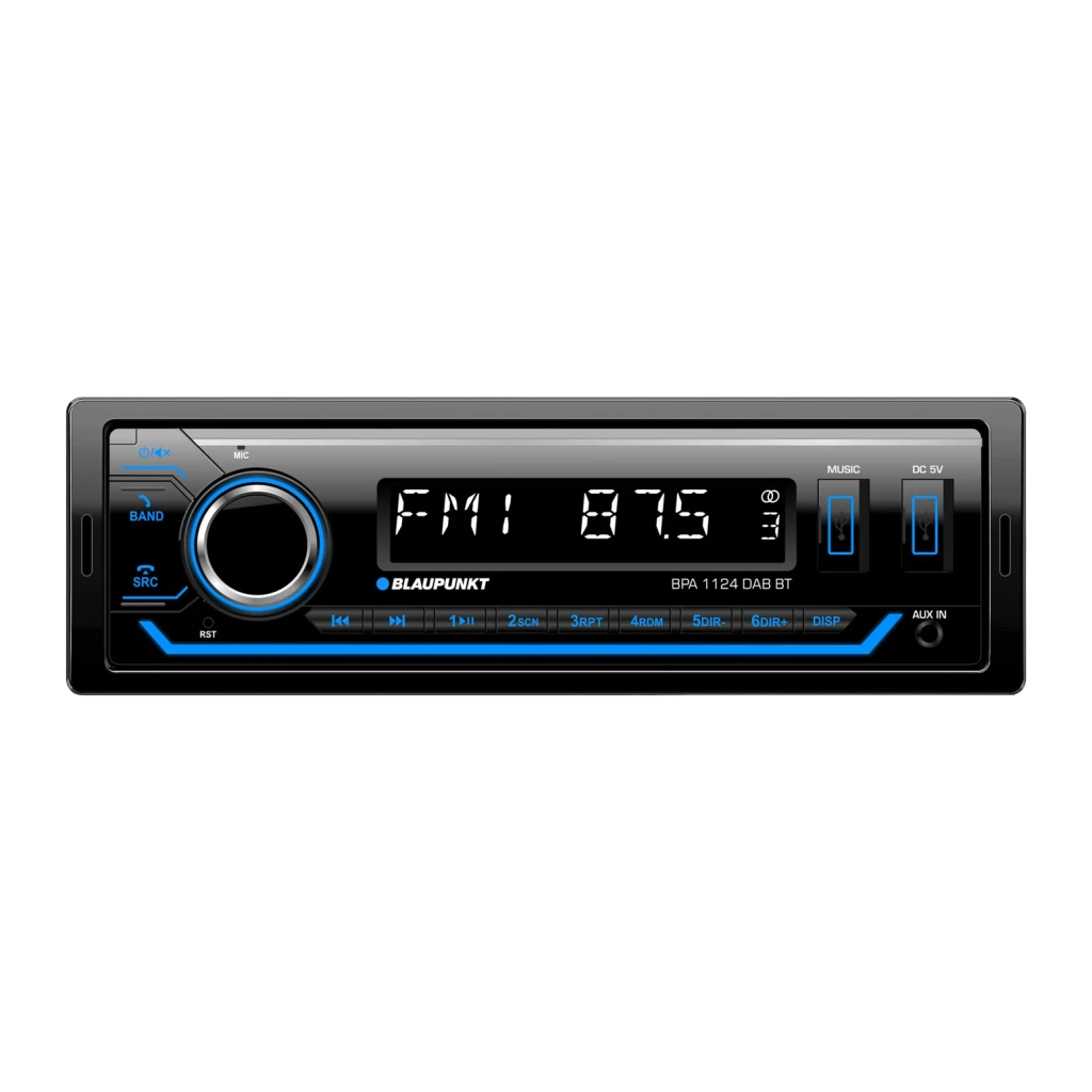 Autorradio Blaupunkt BPA 1124 DAB BT Negro 1DIN Bluetooth 5.0, vista frontal: pantalla FM con iluminación azul y mando