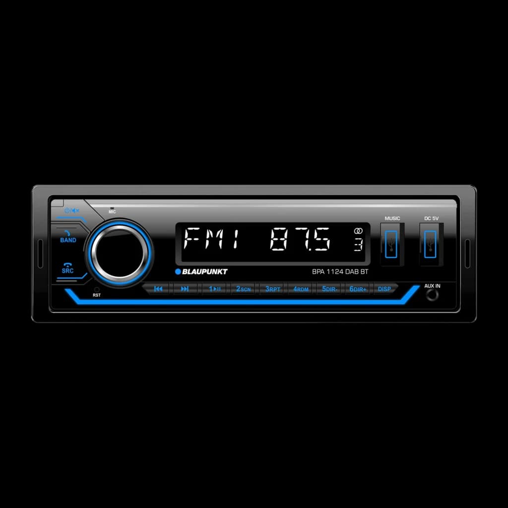 Autorradio Blaupunkt BPA 1124 DAB BT Negro 1DIN Bluetooth 5.0, vista frontal: pantalla FM con iluminación azul y mando