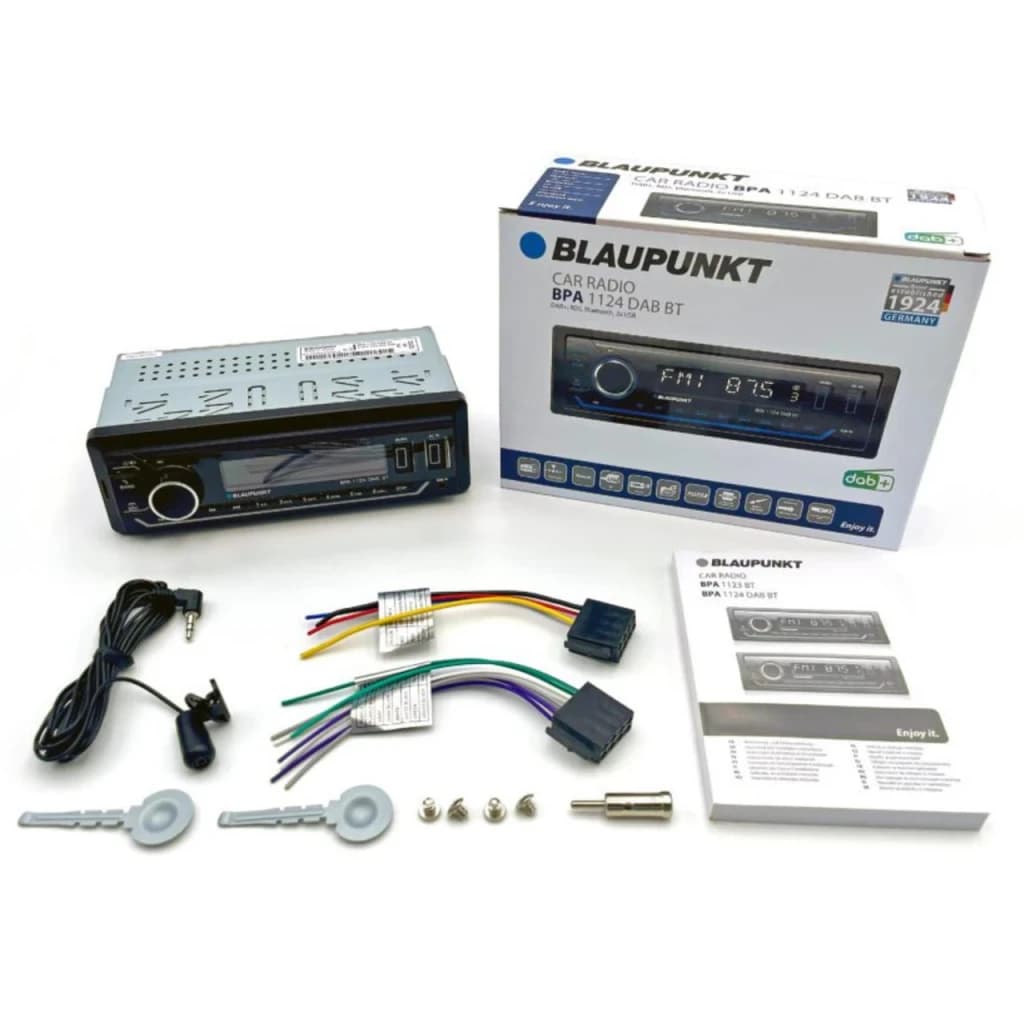 Autorradio Blaupunkt BPA 1124 DAB BT Negro 1DIN Bluetooth 5.0, contenido de la caja: unidad, caja, arnés de cables