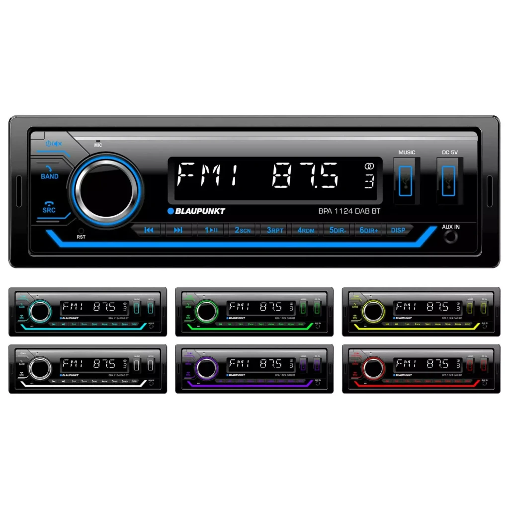 Autorradio Blaupunkt BPA 1124 DAB BT Negro 1DIN Bluetooth 5.0, frontal: panel con 6 opciones de iluminación RGB del mando