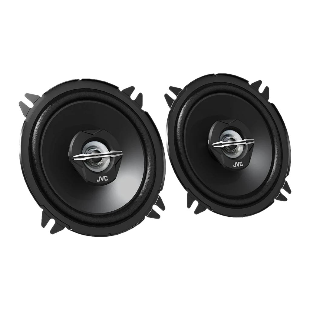 Altavoces de coche JVC 2 vías 30W RMS Negro CS-J520X, vista frontal: par de altavoces redondos con tweeter central y logo JVC