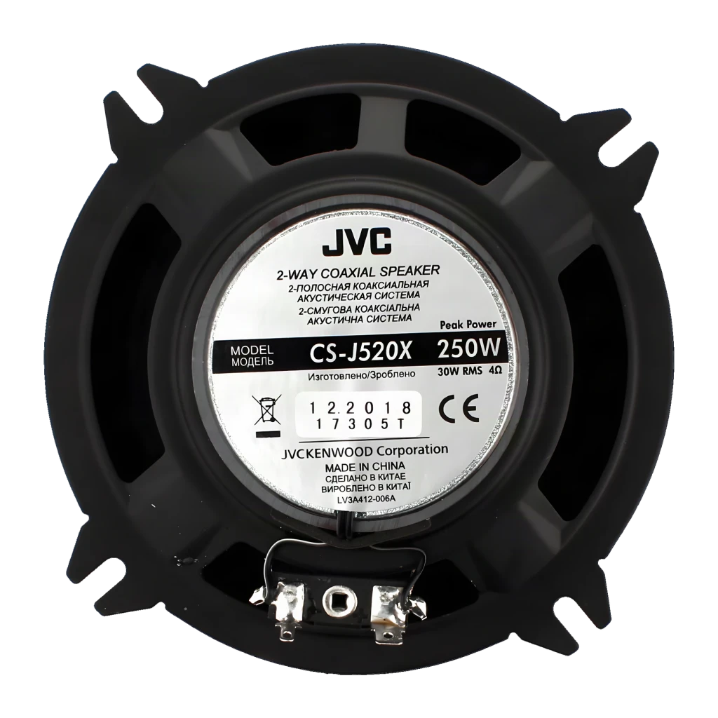 Altavoces de coche JVC 2 vías 30W RMS Negro CS-J520X, vista trasera: etiqueta con modelo y terminales de conexión