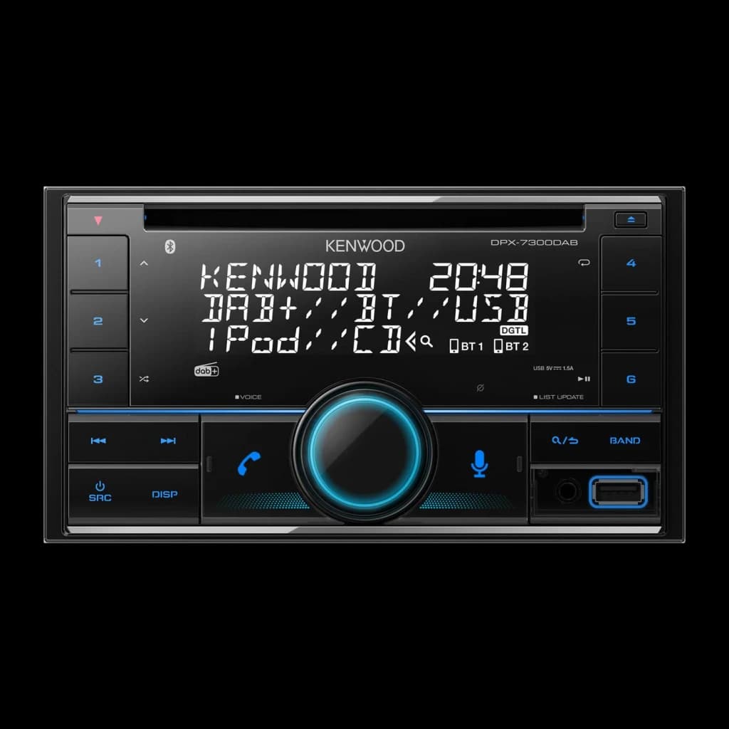 Autoradio Kenwood Noir 2 DIN DPX-7300DAB, vue de face: écran blanc affichant DAB+, BT et USB, molette centrale rétroéclairée