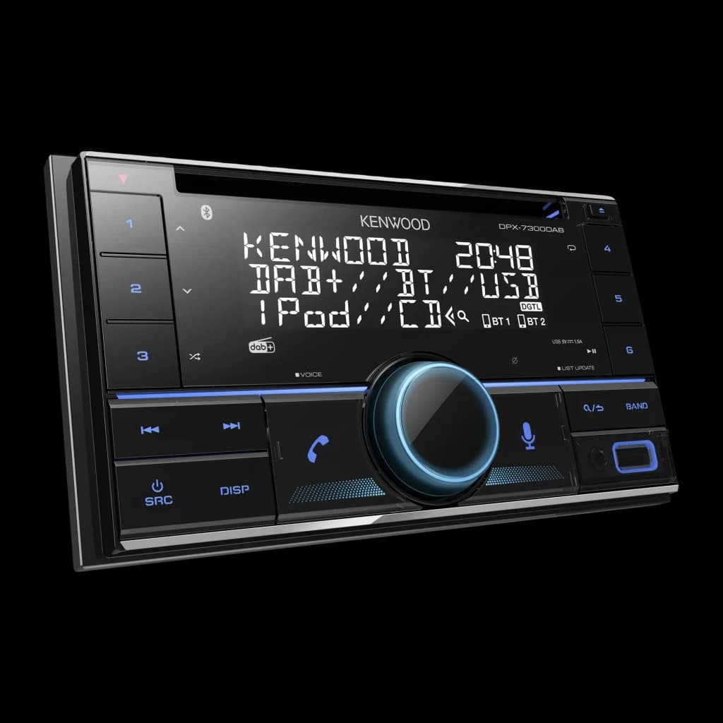 Autoradio Kenwood Noir 2 DIN DPX-7300DAB, vue de face: écran LCD affichant DAB+ BT USB et bouton central rétroéclairé en bleu