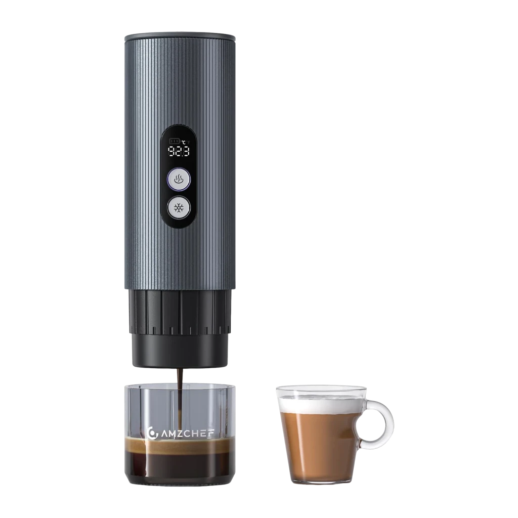 Cafetera Portátil Amzchef Nespresso y café molido 20bar CE-GC-CP024-BU, vista frontal: cuerpo gris estriado con pantalla LED