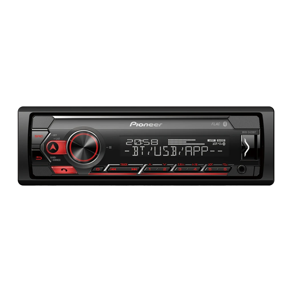 Auto-rádio Pioneer Preto 1 DIN Bluetooth MVH-S420BT, vista frontal: ecrã com BT/USB/APP, botão giratório vermelho e teclas