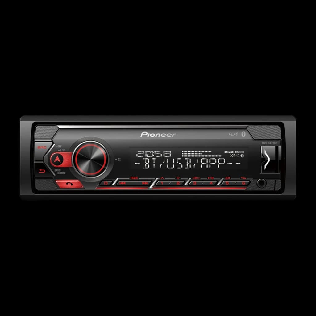 Auto-rádio Pioneer Preto 1 DIN Bluetooth MVH-S420BT, vista frontal: ecrã com BT/USB/APP, botão giratório vermelho e teclas