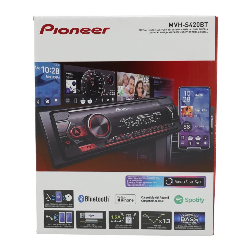 Auto-rádio Pioneer Preto 1 DIN Bluetooth MVH-S420BT, conteúdo da caixa: embalagem frontal com unidade, ícones Bluetooth