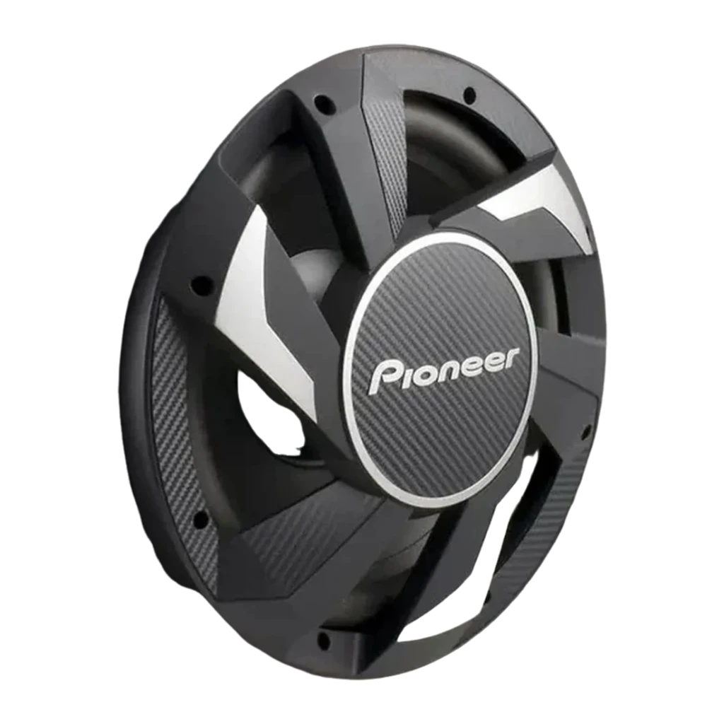 Caisson de basse voiture Pioneer Actif 1300W Noir TS-WX300A, détail: grille avant texture carbone et logo Pioneer