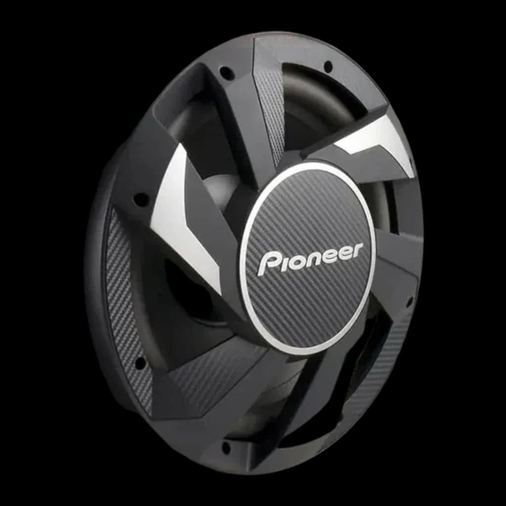 Caisson de basse voiture Pioneer Actif 1300W Noir TS-WX300A, détail: grille avant texture carbone et logo Pioneer