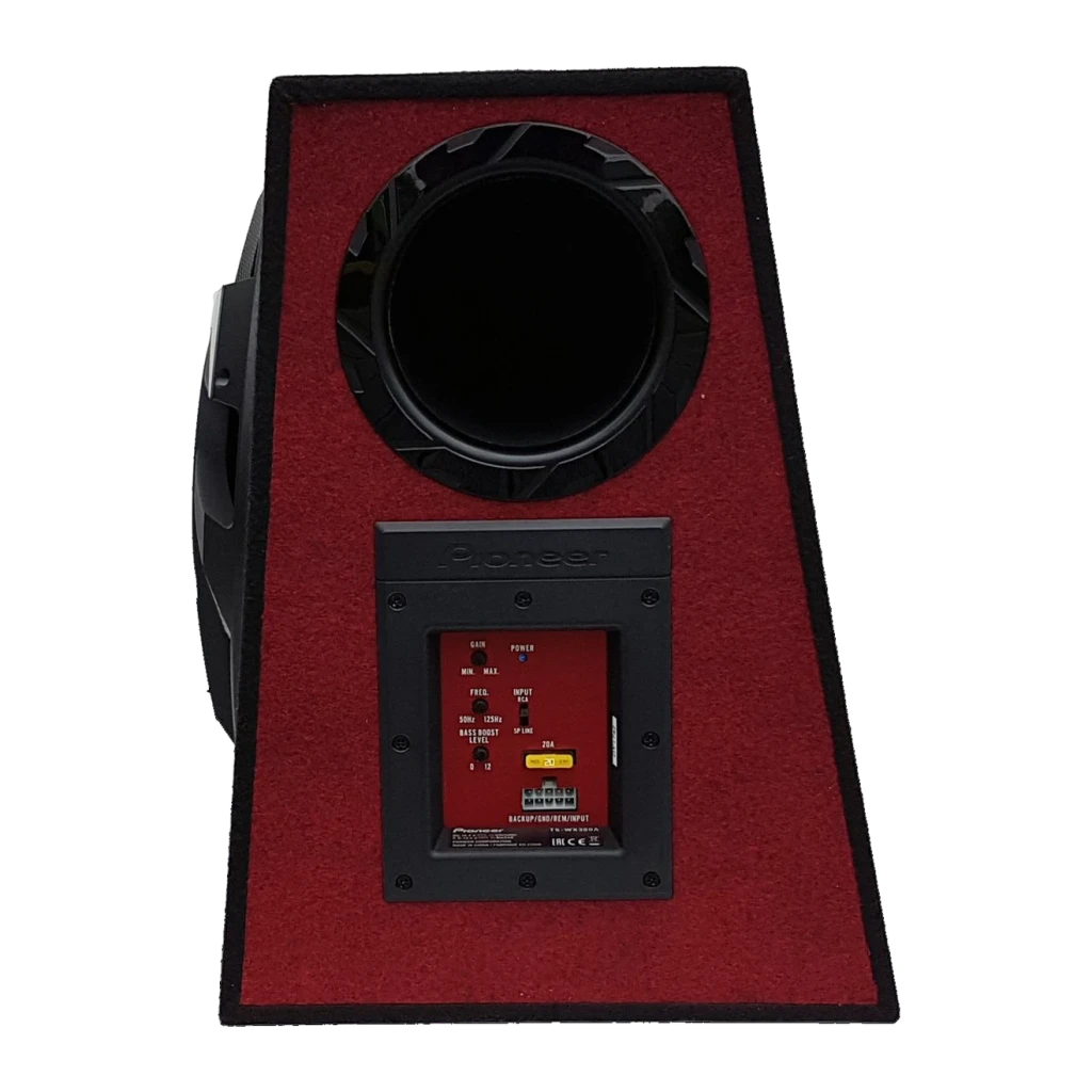 Caisson de basse voiture Pioneer Actif 1300W Noir TS-WX300A, vue arrière: panneau amplificateur avec réglages gain, freq