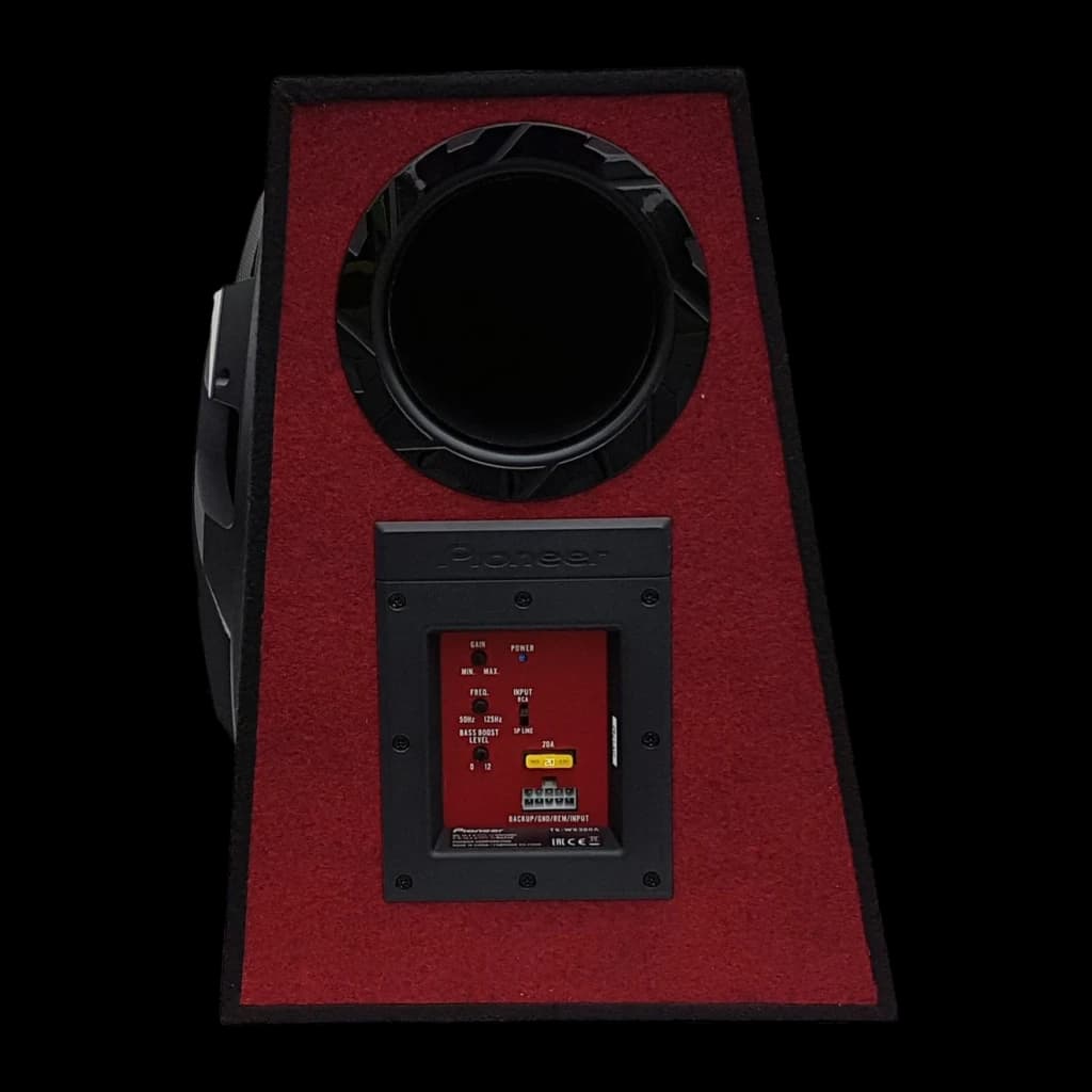 Caisson de basse voiture Pioneer Actif 1300W Noir TS-WX300A, vue arrière: panneau amplificateur avec réglages gain, freq