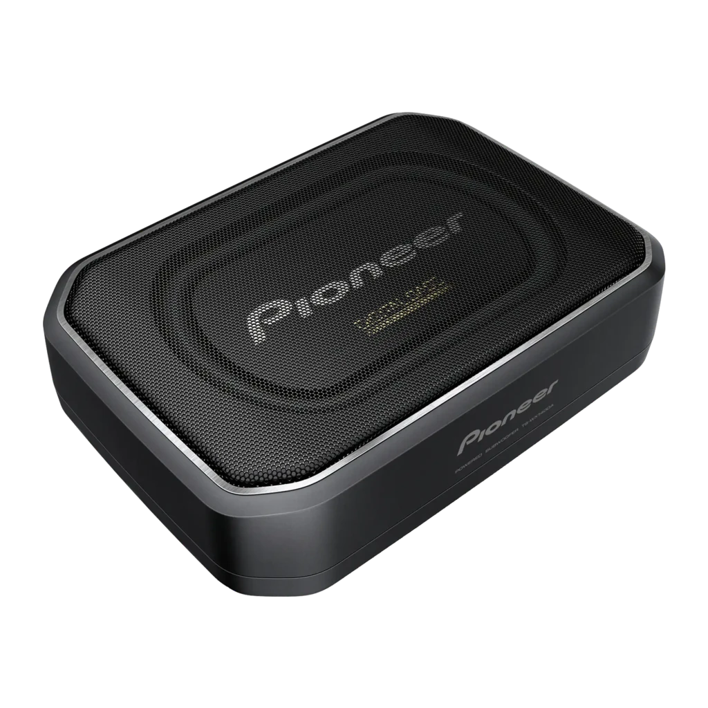 Caisson de basses Pioneer Actif Compact 170W Noir TS-WX140DA, vue de face: boîtier compact gris foncé avec grille noire