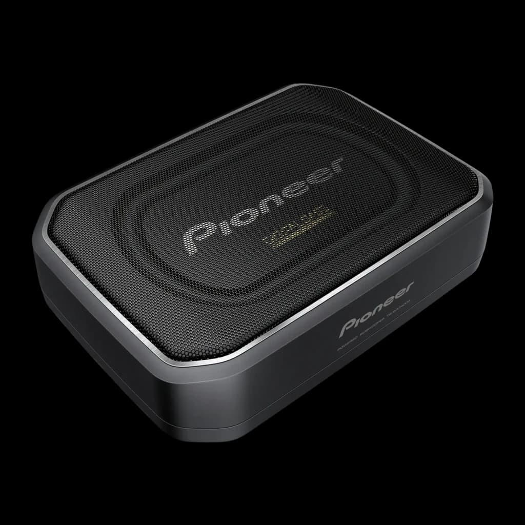 Caisson de basses Pioneer Actif Compact 170W Noir TS-WX140DA, vue de face: boîtier compact gris foncé avec grille noire