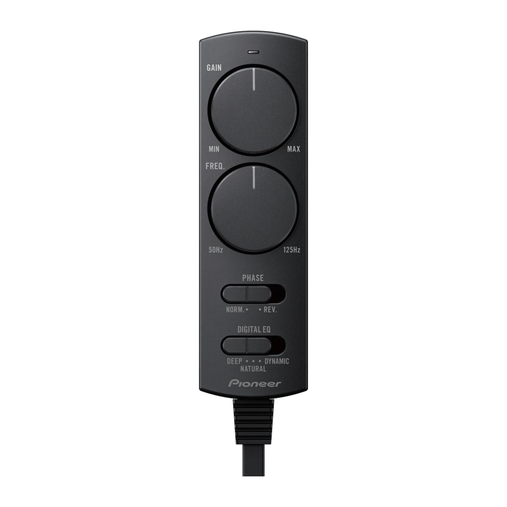 Caisson de basses Pioneer Actif Compact 170W Noir TS-WX140DA, détail: télécommande filaire avec molettes GAIN et FREQ