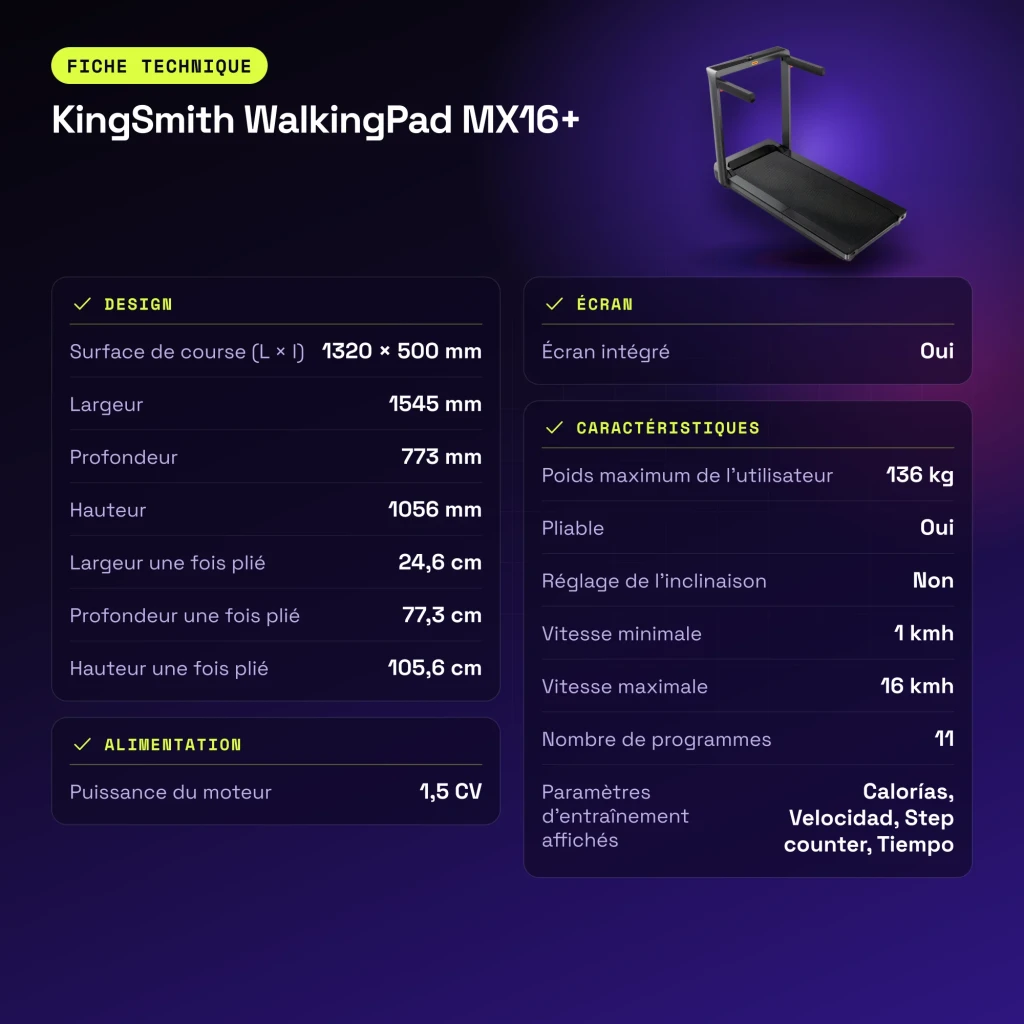 Cinta de correr KingSmith WalkingPad MX16+ Negro Plegable 1,5CV 16km/h - características
