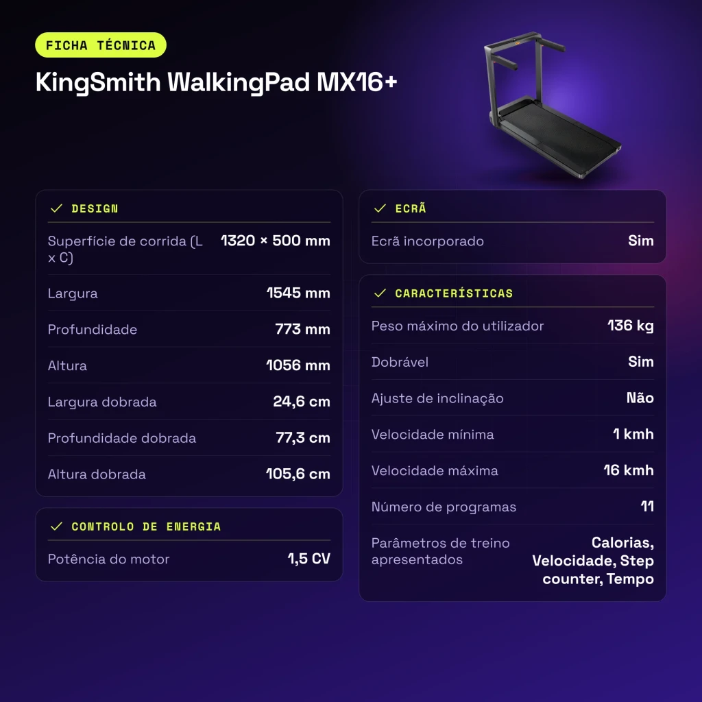 Cinta de correr KingSmith WalkingPad MX16+ Negro Plegable 1,5CV 16km/h - características