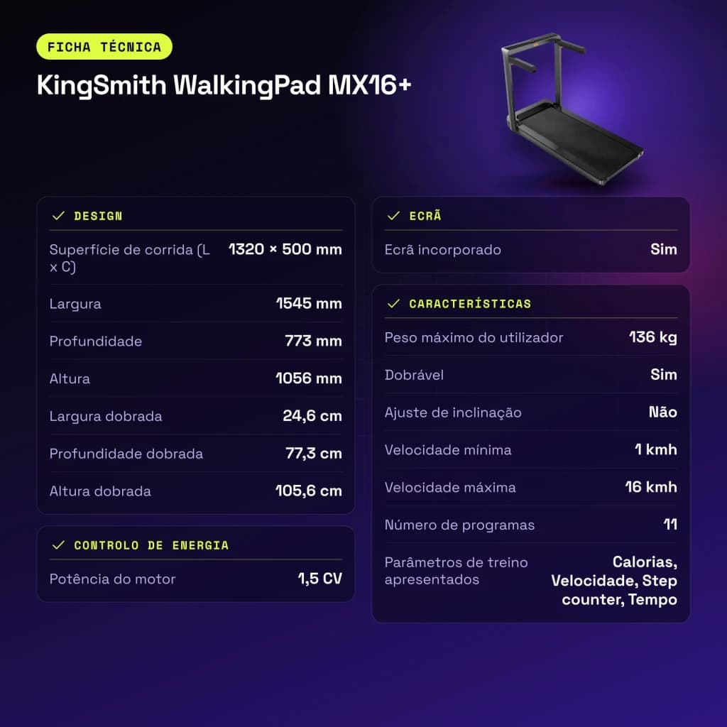 Cinta de correr KingSmith WalkingPad MX16+ Negro Plegable 1,5CV 16km/h - características