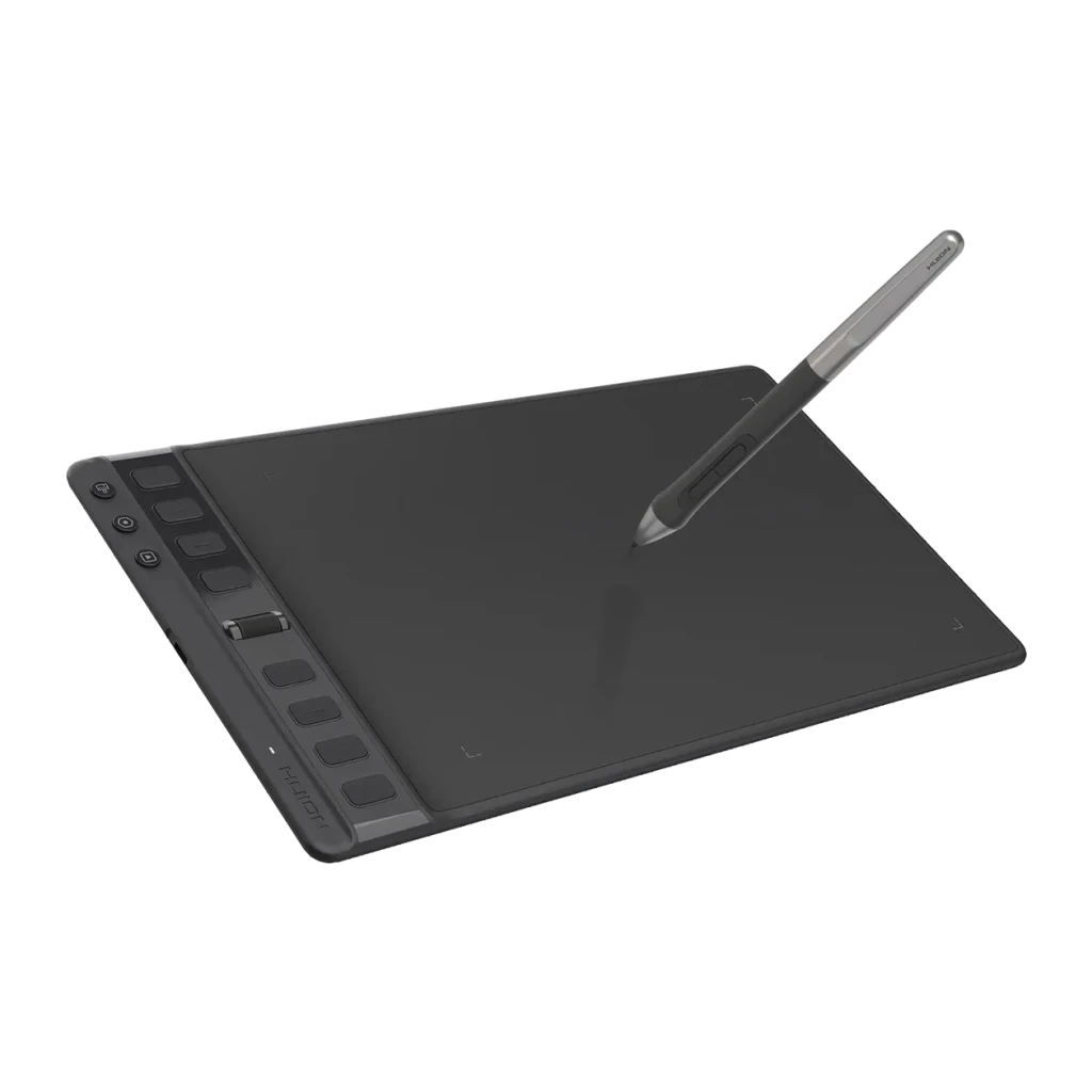 Tableta gráfica Huion Inspiroy 2 M H951P 8192 Negro niveles, vista frontal: superficie activa, 8 teclas y lápiz apoyado