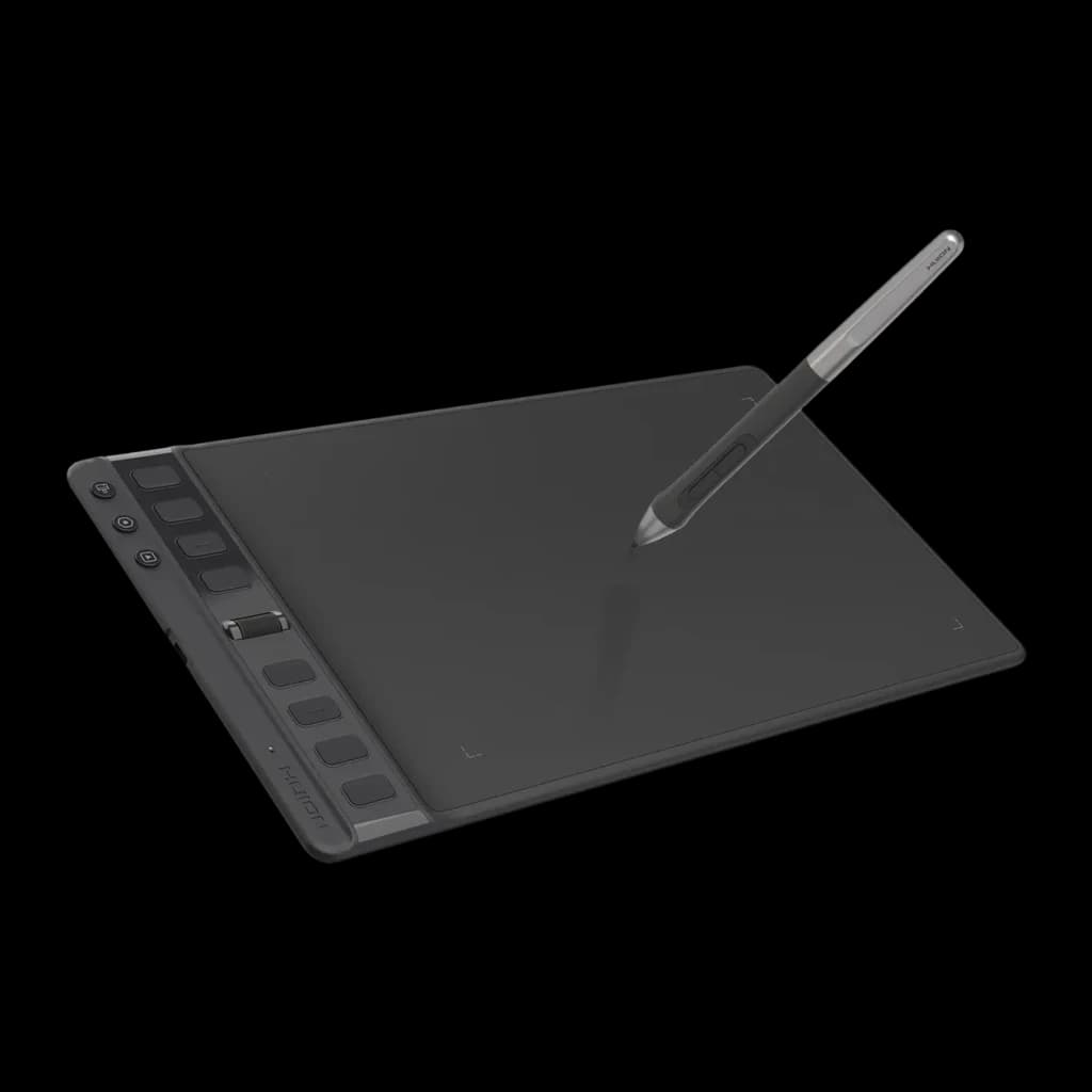 Tableta gráfica Huion Inspiroy 2 M H951P 8192 Negro niveles, vista frontal: superficie activa, 8 teclas y lápiz apoyado
