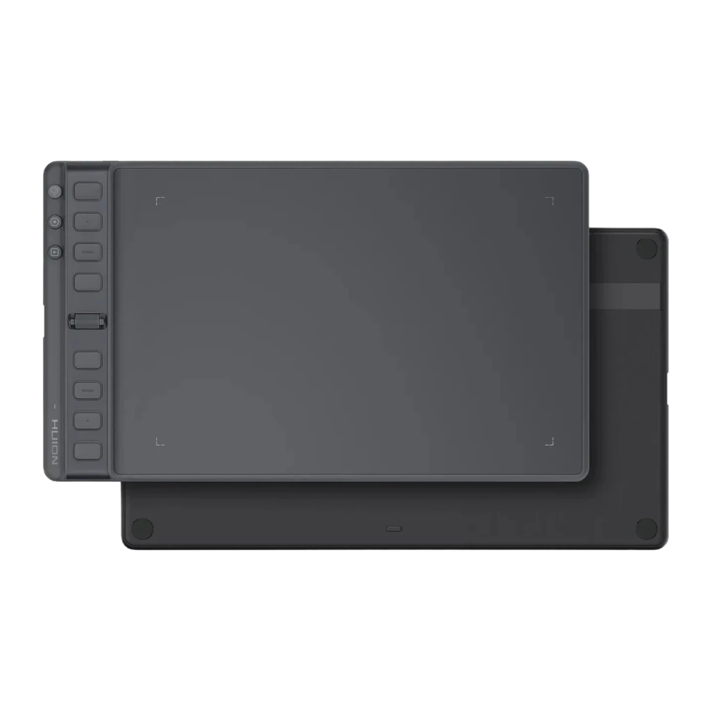 Tableta gráfica Huion Inspiroy 2 M H951P 8192 Negro niveles, vista trasera: superficie activa y base con patas de goma