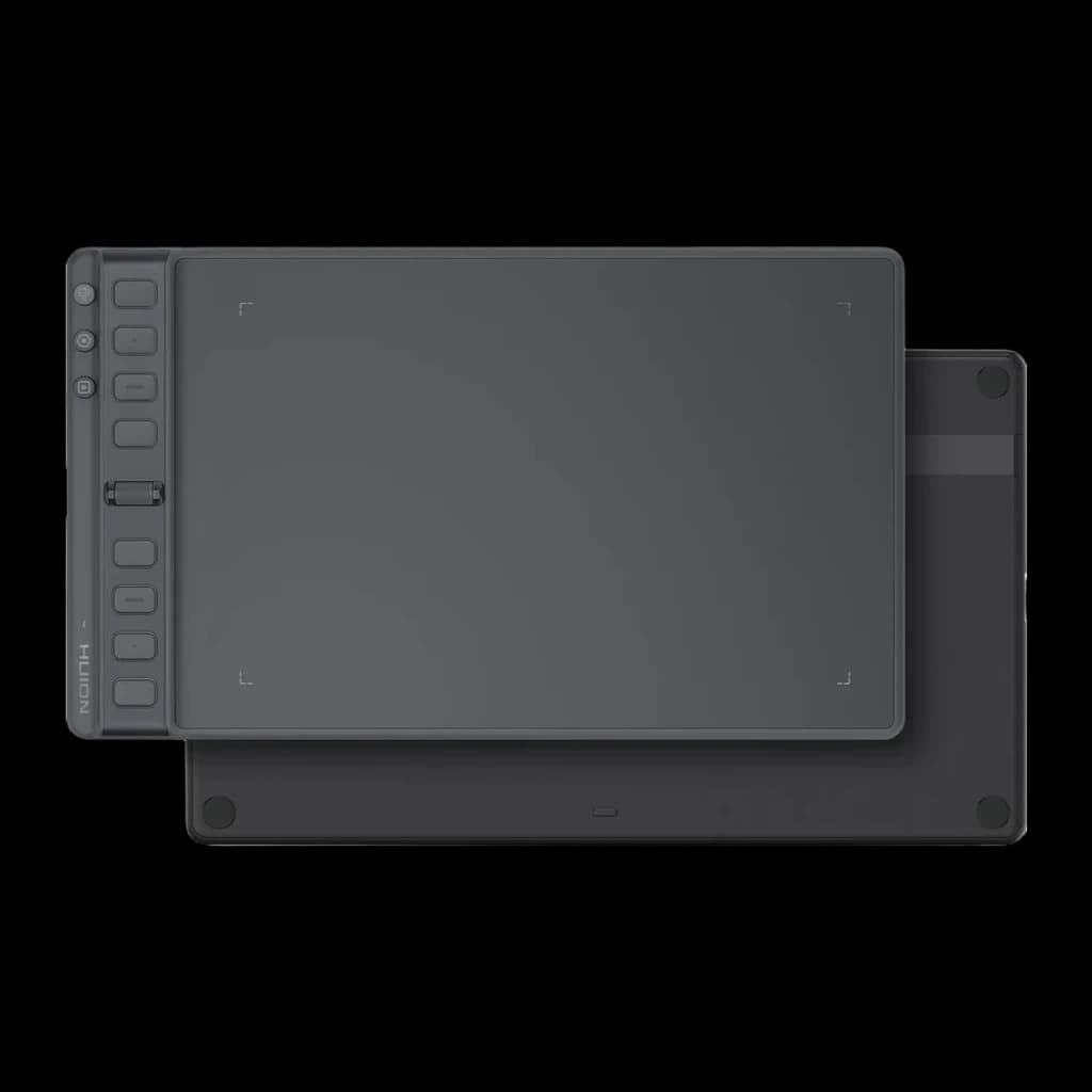 Tableta gráfica Huion Inspiroy 2 M H951P 8192 Negro niveles, vista trasera: superficie activa y base con patas de goma