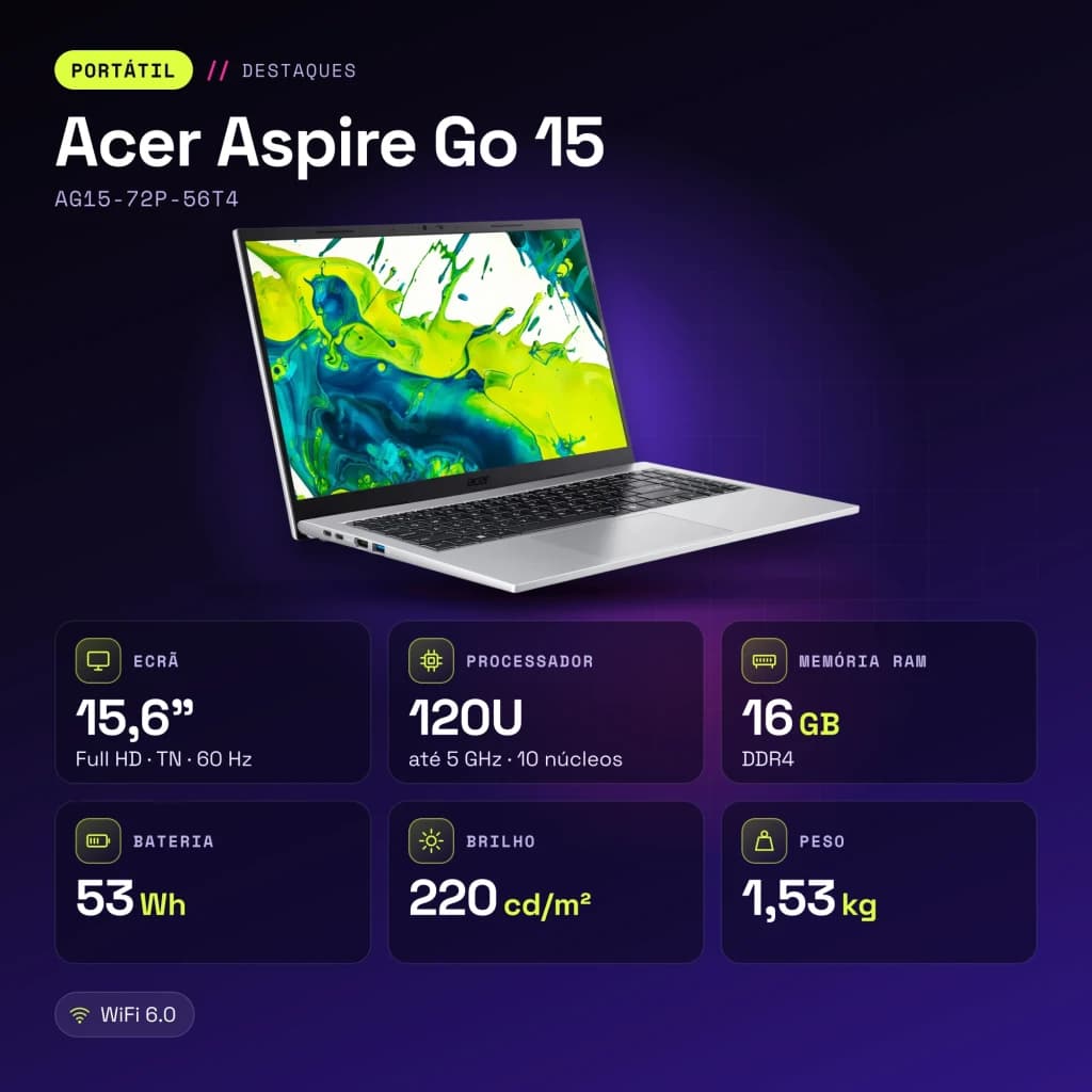 Portátil Acer Aspire Go 15 16GB/1TB 15,6 polegadas Full HD TN Intel Core 5 120U SSD NVMe PCIe 4.0 Sem Sistema Operativo Prata AG15-72P-56T4 - características